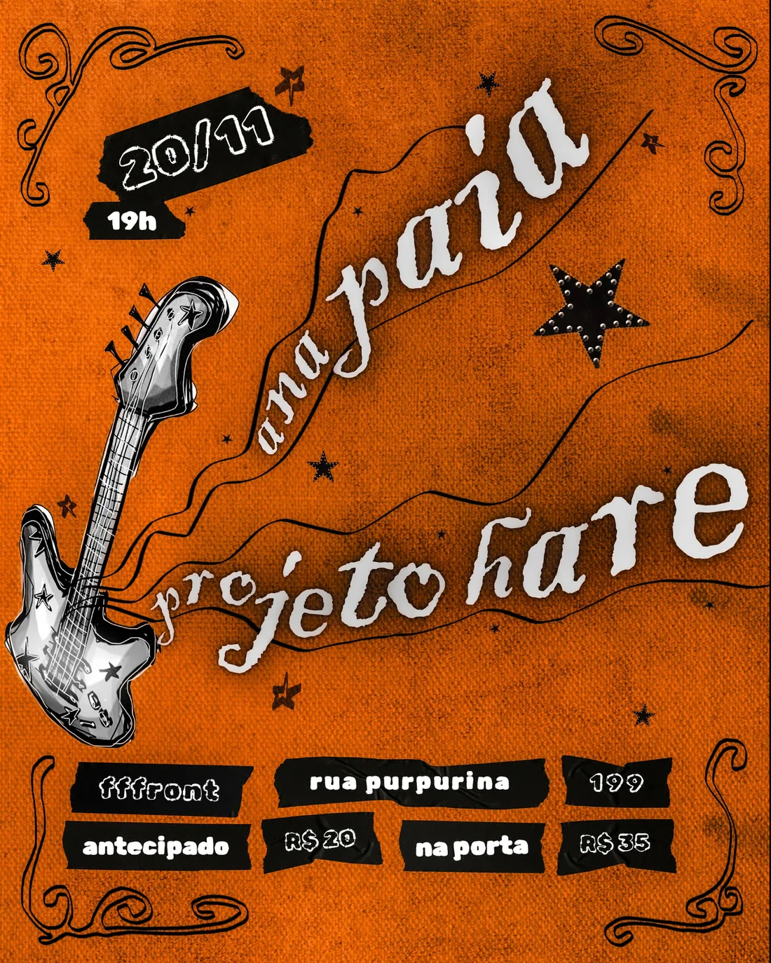flyer laranja do show de ana paia e projeto hare, 20/11 às 19h, com um baixo ilustrado