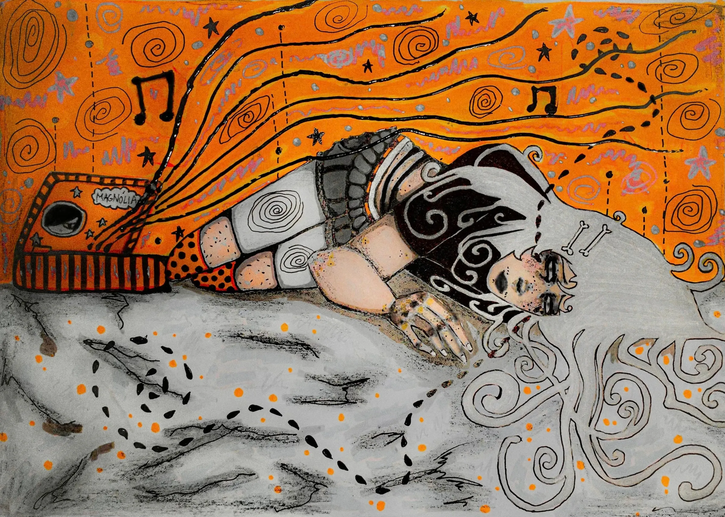 ilustração de uma garota de cabelos brancos deitada, com música saindo de uma caixa de som laranja escrita magnólia